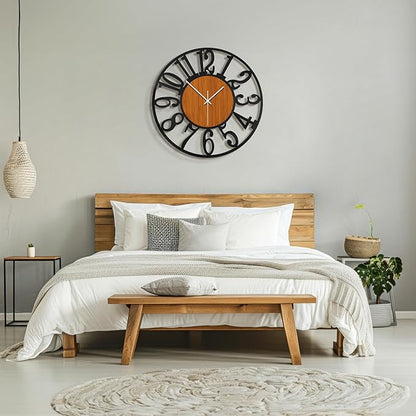 Maxstar Round Wall Clock for Living Room Decor Battery Operated Non Ticking Black Metal Wood Clocks for Home Living Room Garden Office Kitchen Decoration -20 inch