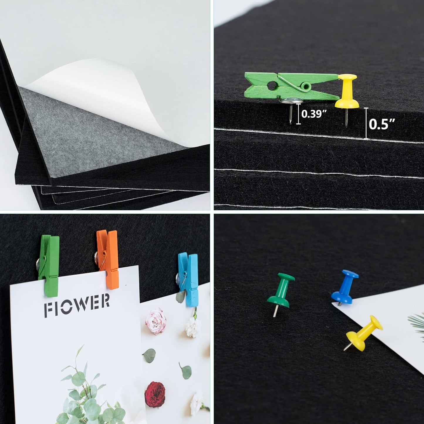 AKTOP Cork Board Bulletin Board 12x12, 1/2" Thick Felt Cork Board Tiles 6 Pack, Small Square Pin Board for Wall, Self Adhesive Corkboards with 60 Push Pin Wood Clips for School, Home & Office, Black