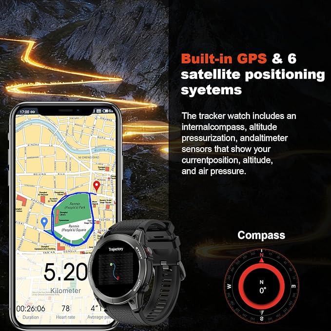 Smart Watch for Men GPS Fitness: 1.43" AMOLED Military Make Answer Call Running Digital Mens Watches Waterproof Smartwatch Android Phone iPhone Samsung Compatible Step Tracker SpO2 Heart Rate Monitor