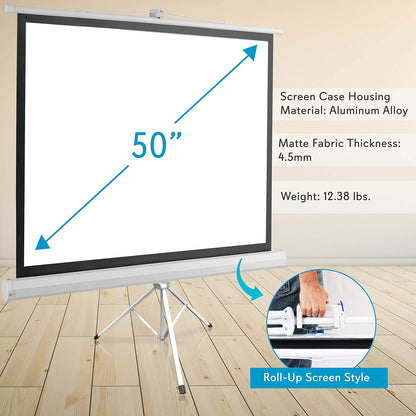 Pyle 50 Inch Portable Projector Screen with Tripod Stand – Lightweight, Durable, Easy Pull Setup Mobile Projection Screen with 4:3 Aspect Ratio, White Matte Fabric for Indoor/Outdoor Use