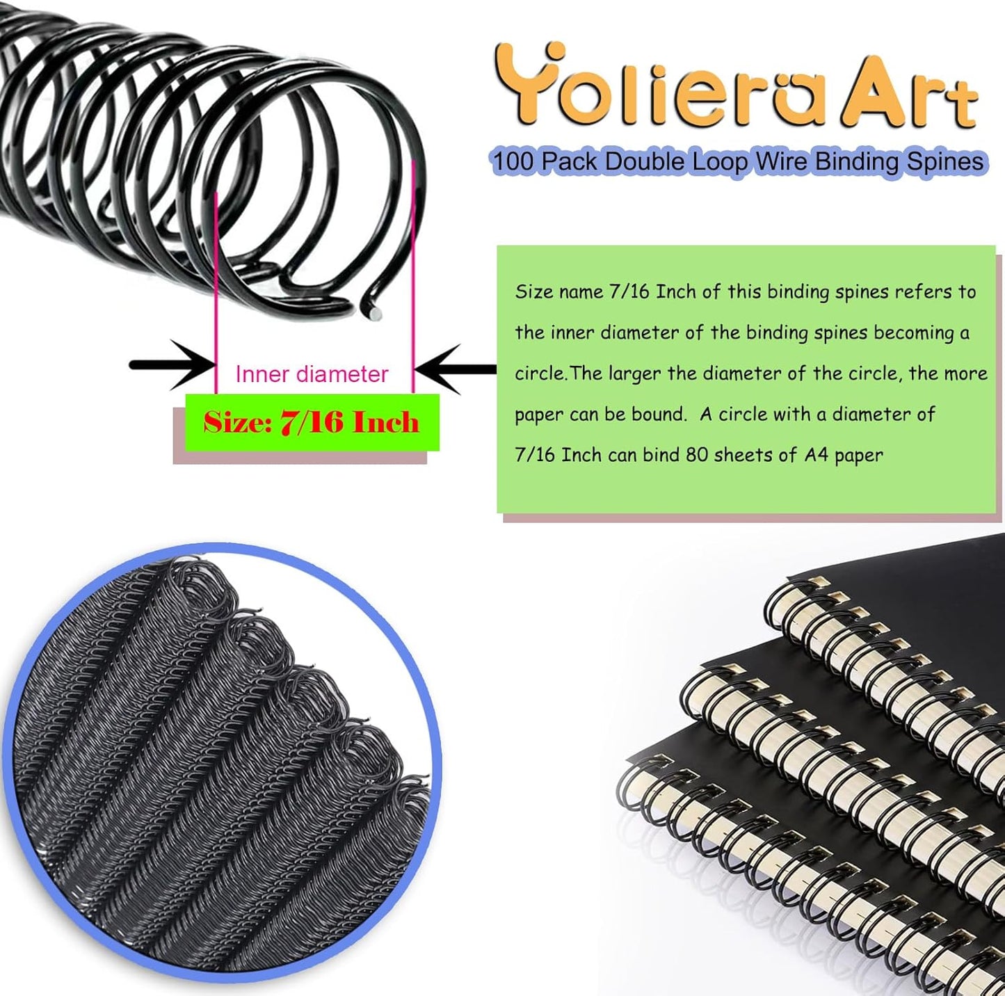 100 Pack Double Loop Wire Binding Spines, YolieraArt Wire Binding Spines, 7/16 Inch Binding Wire for Letter Size (80 Sheet Capacity, 100P, 3:1 Pitch, Silver)