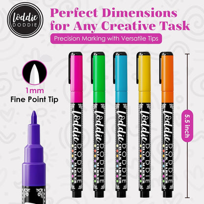 Loddie Doddie Fine Tip Liquid Chalk Markers - Pack of 8 1mm Neon Colors - Erasable Low-Odor Dry Erase Chalk Markers for Chalkboard, Blackboard & Glass