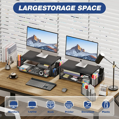 Desk Organizer and Accessories, 2-Tier Computer Monitor Stand with Drawer and 2 Pen Holders, Laptop Stand, Office Desk Accessories for Office Supplies, Carbon Fiber