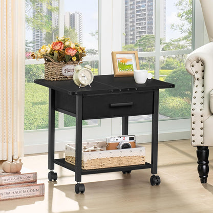 Lerliuo Under Desk Rolling Printer Stand with Drawer, 2-Tier Industrial Mobile Printer Table Desk with Storage Shelf and Steel Frame, Printer Cart Holder with Lockable Wheels for Home, Office (Black)