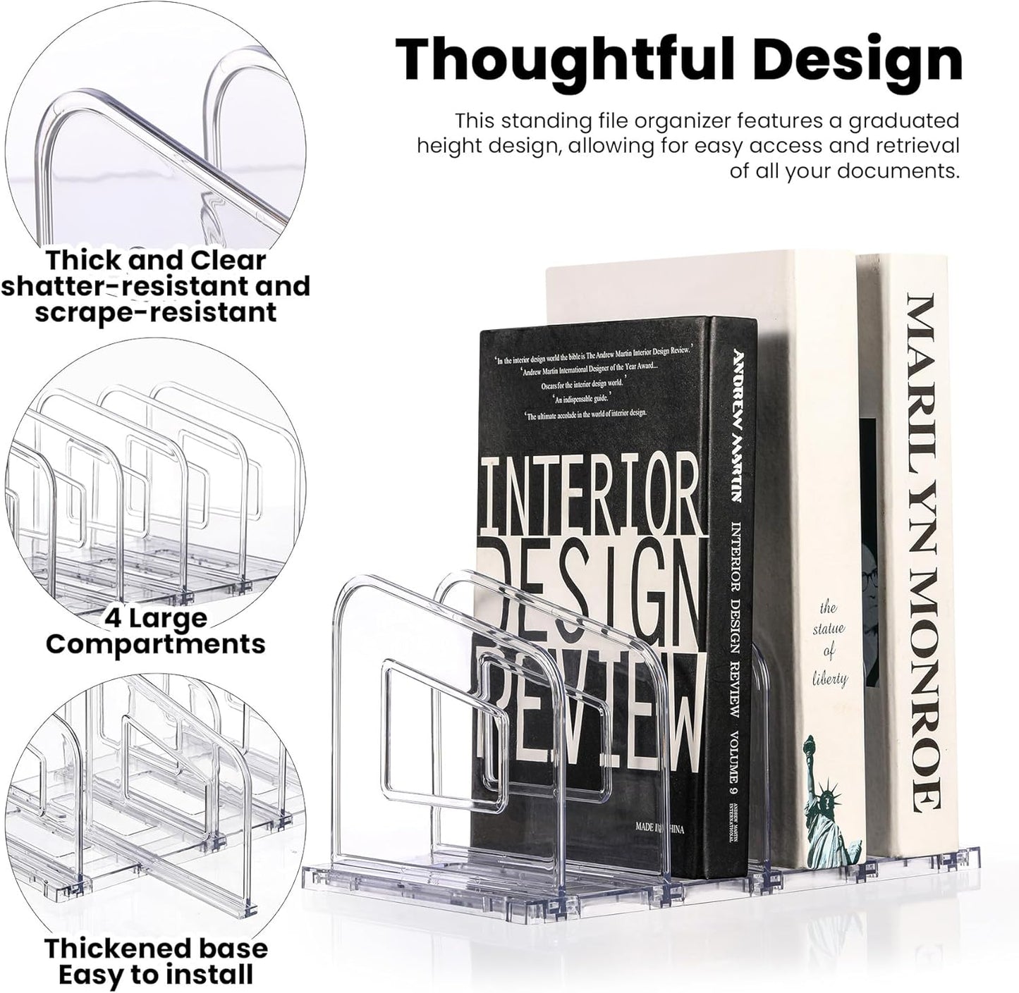 File Organizer, Acrylic File Folder Organizer File Sorter, Plastic Vertical Book Dividers for Magazine Mail Letter Paper, Desktop Organizers for Office, Classroom & Home(4 Sections, 2 Pack)