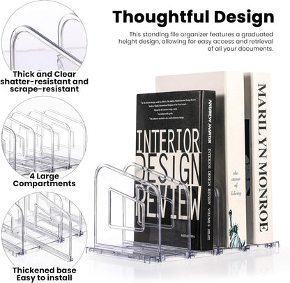 File Organizer, Acrylic File Folder Organizer File Sorter, Plastic Vertical Book Dividers for Magazine Mail Letter Paper, Desktop Organizers for Office, Classroom & Home(4 Sections, 2 Pack)