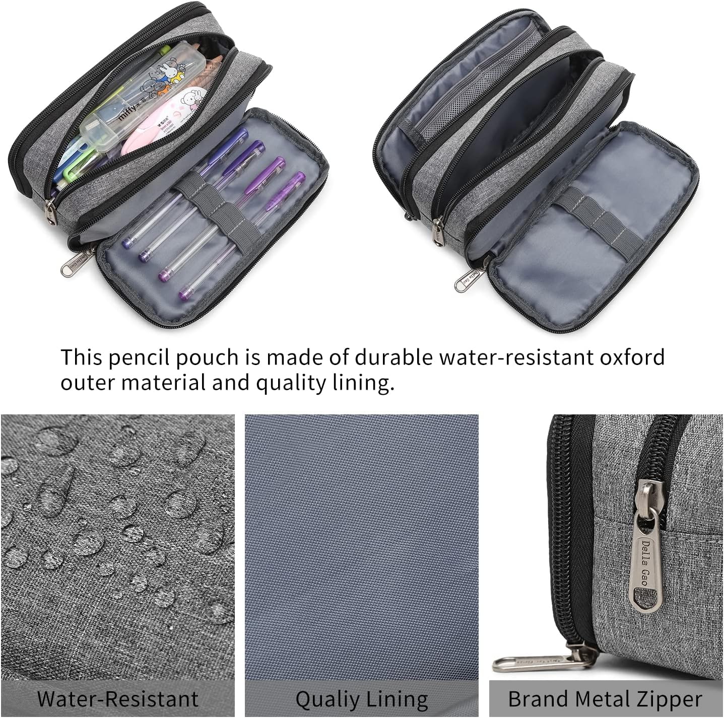 Della Gao Big Capacity Pencil Case, Aesthetic Pencil Pouch with 3 Compartments Large Pencil Bag Nylon Storage Pen Bag Office Stationery Organizer for Women and Men - Grey