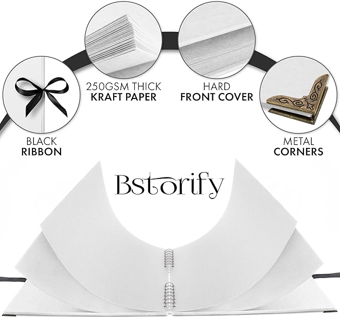 Bstorify 10 x 10 Inches Scrapbook Album 70 Pages White Thick Kraft Paper Corner Protectors, Ribbon Closure - Ideal for Your Scrapbooking, Art & Craft Projects (White, 10 x 10 Inch)