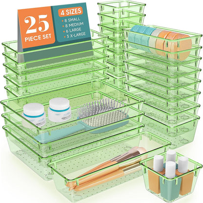 WOWBOX 25 PCS Plastic Drawer Organizer Set, 4 Sizes Desk Drawer Divider Organizers and Storage Bins for Makeup, Jewelry, Gadgets for Kitchen, Bedroom, Bathroom, Office, Clear Green