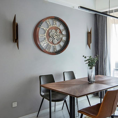 DORBOKER 24" Original Moving Gears Wall Clock, Large Industrial Wall Clock for Living Room Decor,Oversized Wood Vintage Farmhouse Steampunk Rustic Clocks for Wall Decor,Black Walnut