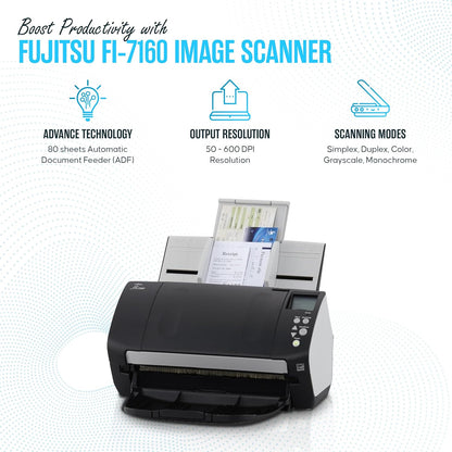 FI-7160 Fujitsu Document Scanner - Duplex - Scanners for Computers with 24V & USB 3.0 Cable, 8.5 X 14 in, 600 DPI, 60 PPM (Mono/Color), ADF, 4000 Scans Per Day (Renewed)