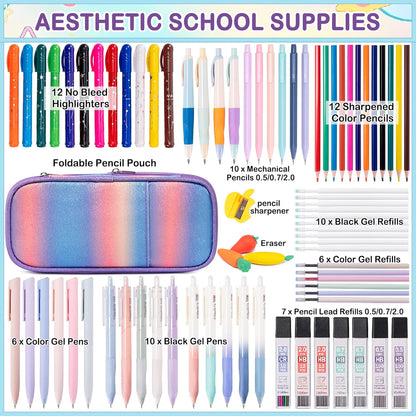 78 PCS Writing & Drawing Set with Cute Pen Case, Office Back to School Supplies Stationary 12 Pastel No Bleed Highlighters, 10 Mechanical Pencils Set 0.5 0.7 & 2.0mm, 6 Colored And 10 Black Gel Pens