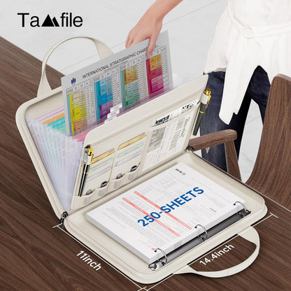 Fireproof Accordion File Organizer with Handle, 13 Pocket Expanding File Folder with Zipper & Labels, File Folder with 3 Ring Binder, Multi Pockets Paper Organizer Folder for Letter A4 Files (Beige)