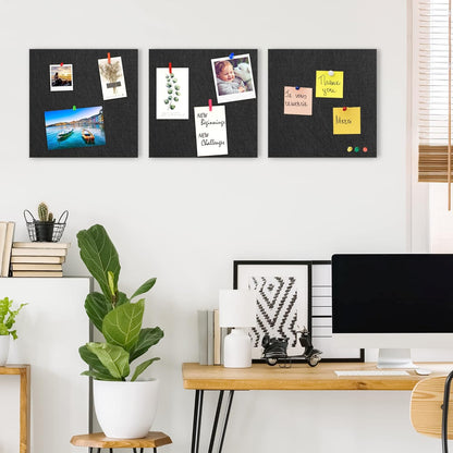 AKTOP Cork Board Bulletin Board 12x12, 1/2" Thick Felt Cork Board Tiles 6 Pack, Small Square Pin Board for Wall, Self Adhesive Corkboards with 60 Push Pin Wood Clips for School, Home & Office, Black