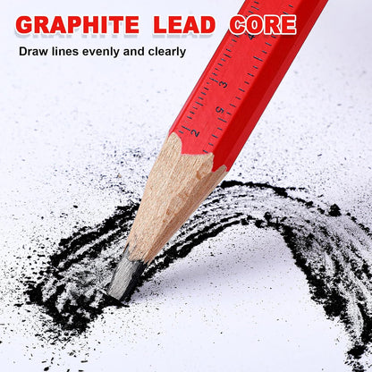 Honoson 200 Pcs Flat Construction Pencils with Printed Ruler Wood Graphite 2 Pcs Carpenter Pencil Sharpener for Woodworking Marking Tool(Red)