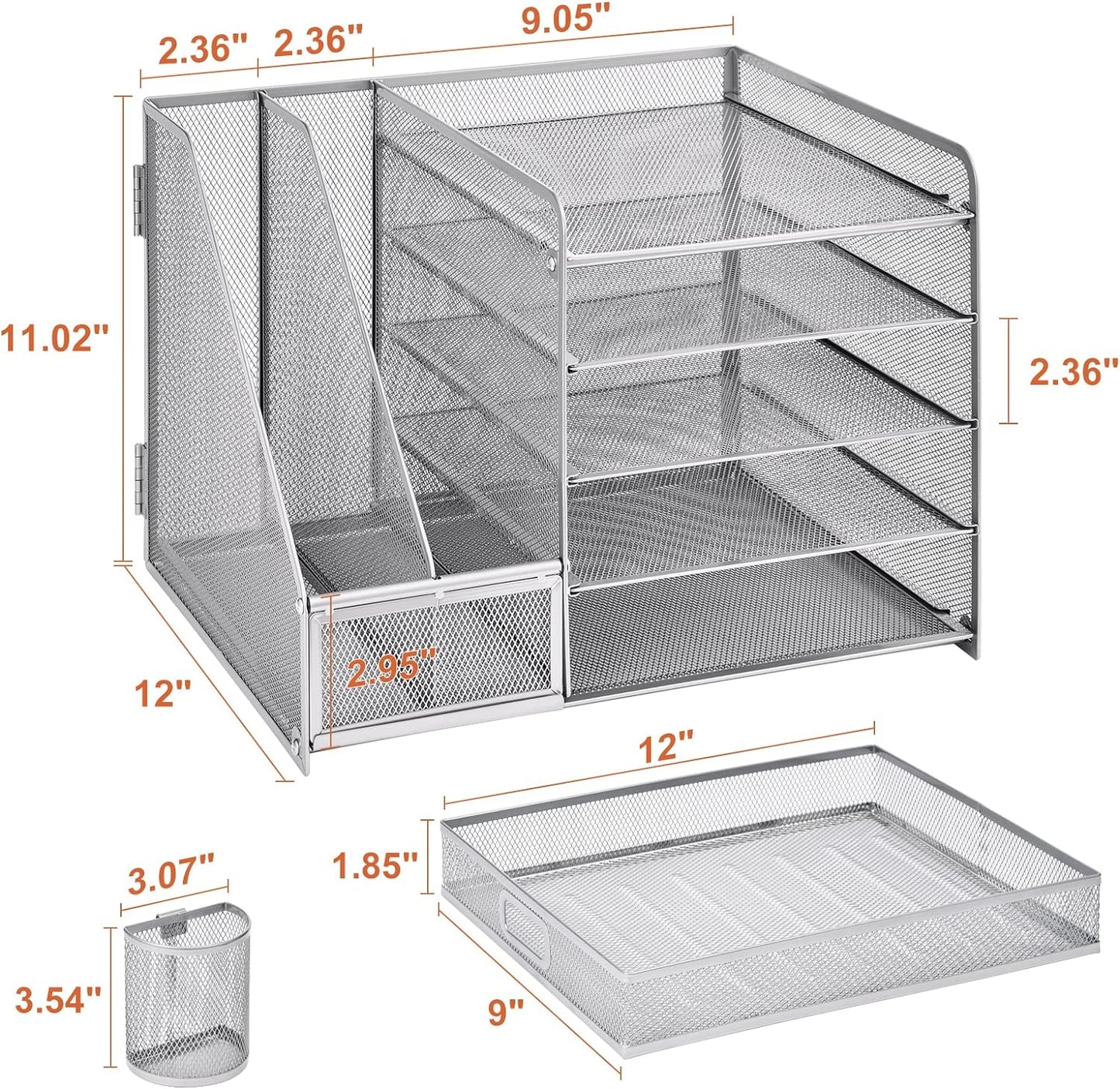 Marbrasse Desk Organizer with File Holder, 5-Tier Paper Letter Tray Organizer with Drawer and 2 Pen Holder, Mesh Desktop Organizer and Storage with Magazine Holder for Office Supplies (Silver)