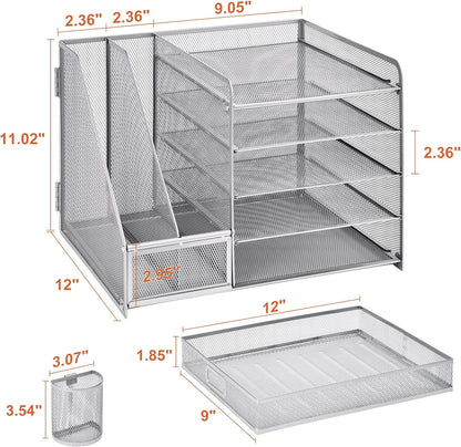 Marbrasse Desk Organizer with File Holder, 5-Tier Paper Letter Tray Organizer with Drawer and 2 Pen Holder, Mesh Desktop Organizer and Storage with Magazine Holder for Office Supplies (Silver)