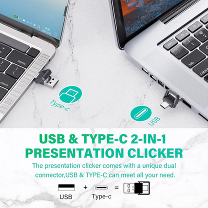 2 in 1 USB Type C Presentation Clicker with Green Light Pointer, Rechargeable Presentation Clicker Wireless Presenter Remote Clicker, 2.4GHz Clicker for Powerpoint Presentations, Google Slide Advancer