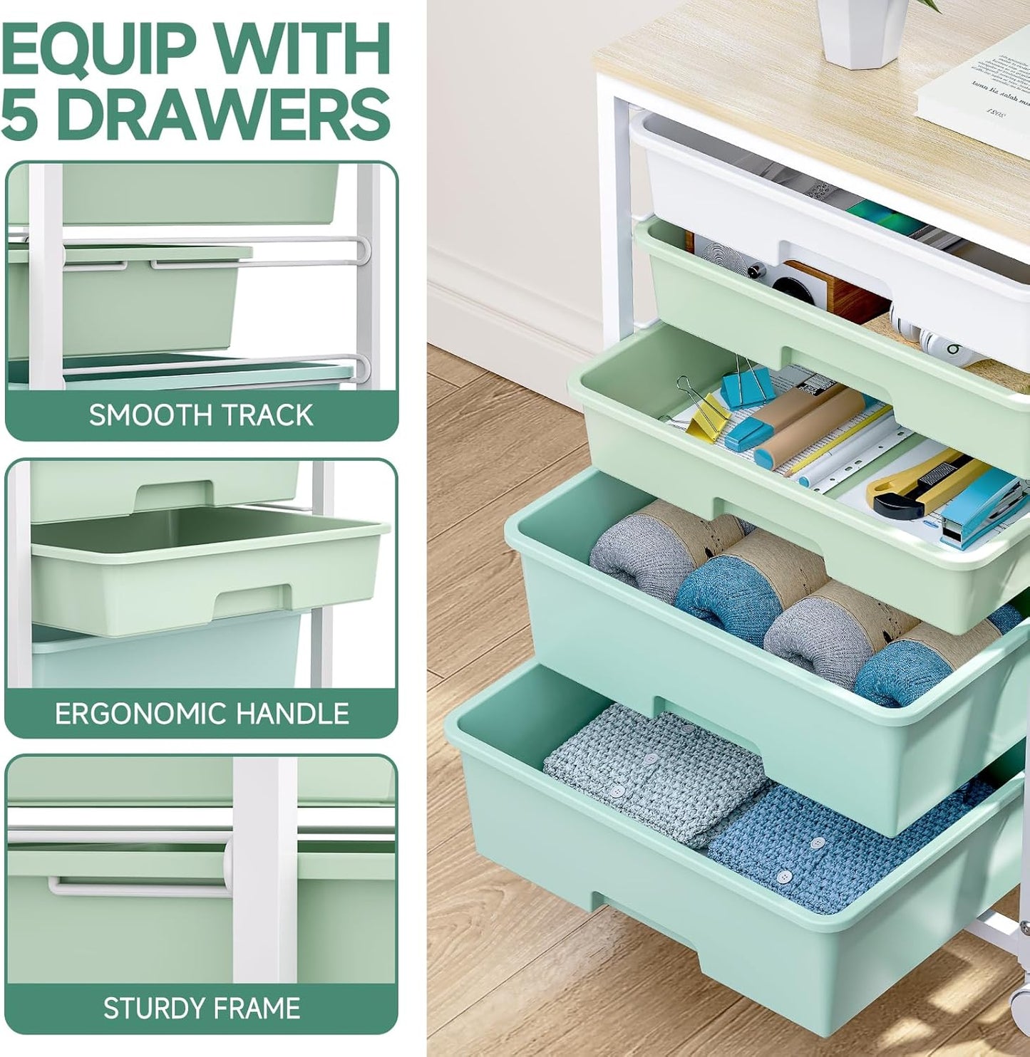 Craft cart,Rolling Cart with Drawers,Storage Cart with 5 Drawers and Wooden Tabletop for Under Desk Organizers and Storage,Green
