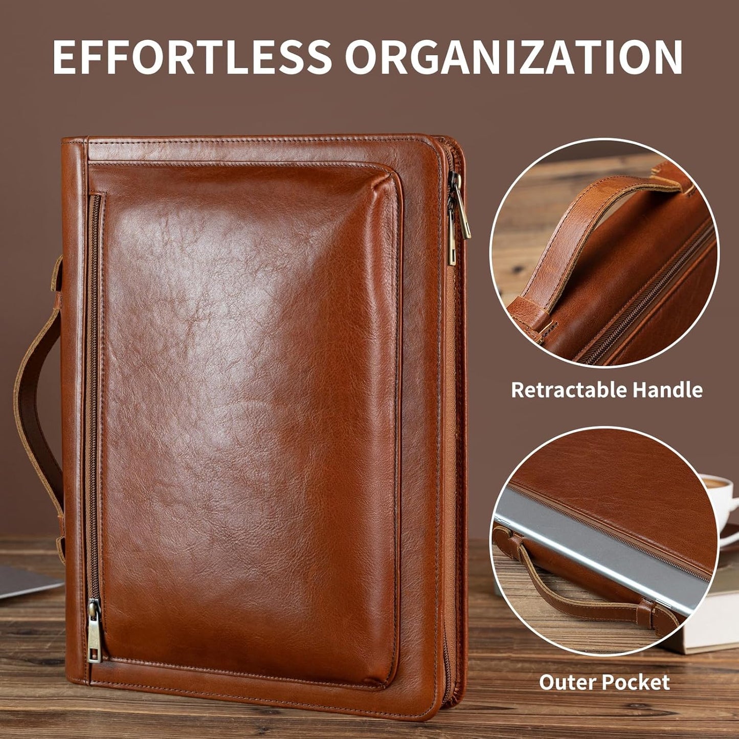 Handmade Vintage Crazy Horse Leather Portfolio Letter (A4) Size Notepad,Business Organizer Padfolio with Handle, for iPad Pro/Microsoft Surface Pro/13 inch Tablet (Custom,Oil Wax-Brown)