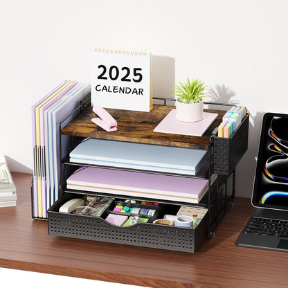 Wood Desk Organizers and Accessories with File Holder, 4-Tier Desk Accessories & Workspace Organizers with Drawer and Pen Holder, Paper Organizer for Office Supplies (Wood)