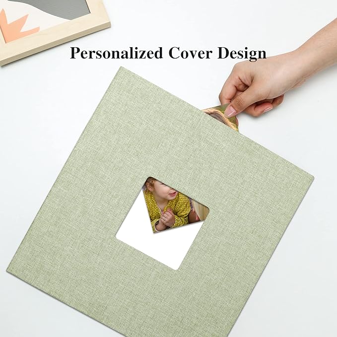 Vienrose Large Photo Album Self Adhesive for 4x6 8x10 Pictures Linen Scrapbook Album DIY 60 Blank Pages with A Metallic Pen Grassgreen