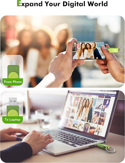 MOSDART 128GB USB3.1 Fast Speed C and A Dual Flash Drive, exFAT Memory Stick with Keychain and LED Indicator, for iPhone 15,16, 17, Android Phone, iPad, MacBook, and Other Laptops, Green