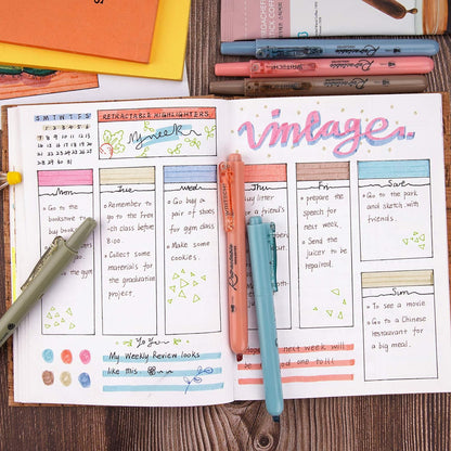 WRITECH Retractable Highlighters Assorted Colors: Chisel Tip Click Aesthetic Highlighter Marker Pens Pack Multi Colored Ink No Bleed Smear for Highlighting Journaling (6ct Vintage)