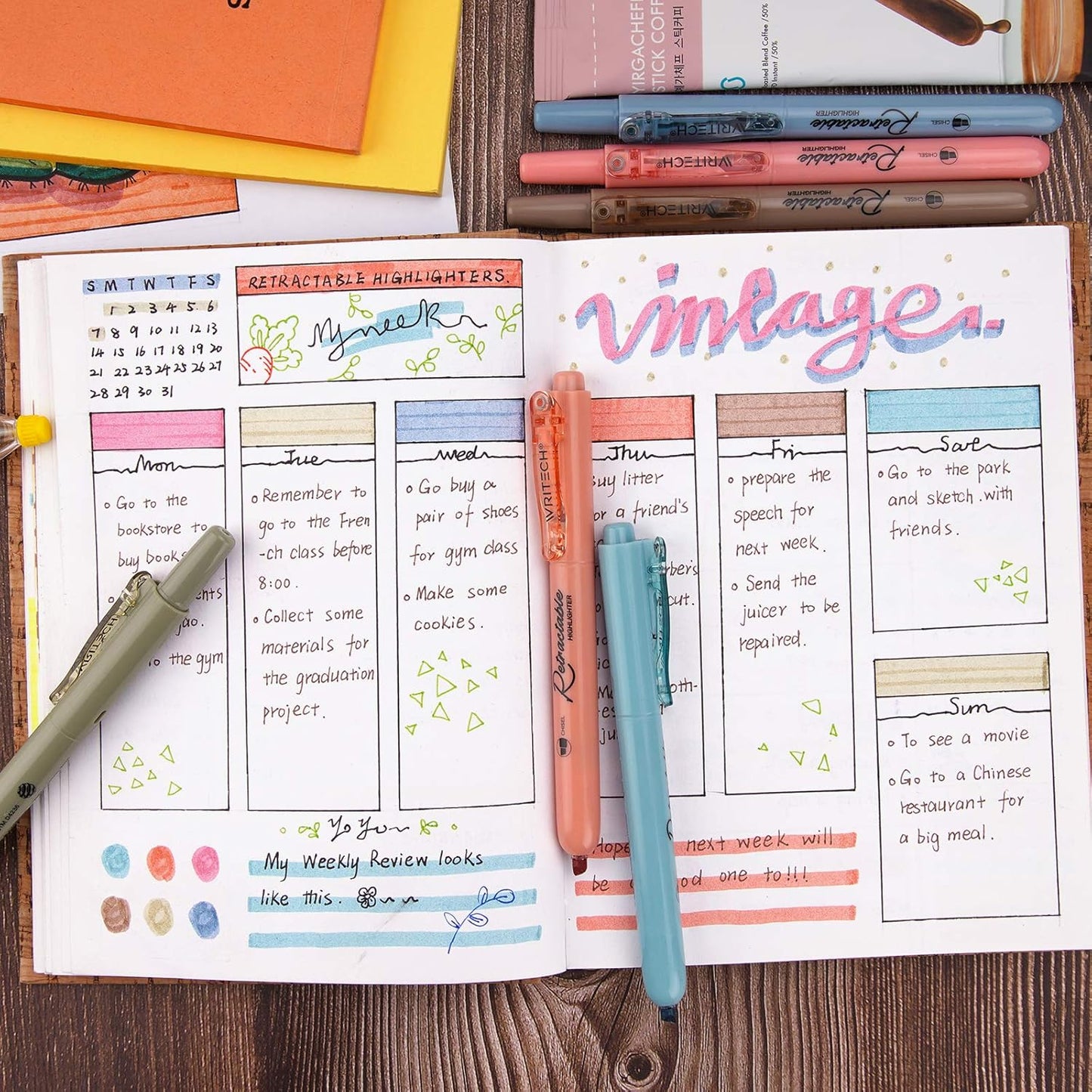 WRITECH Retractable Highlighters Assorted Colors: Chisel Tip Click Aesthetic Highlighter Marker Pens Pack Multi Colored Ink No Bleed Smear for Highlighting Journaling (12ct Mild+Vintage)