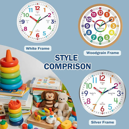 Roymnie12 Inch Wall Clock for Kids Learning to Tell Time Easily Analog Non Ticking Battery Operated Teaching Clock Silent Teaching Time Clock Decorative for Kids Room Classroom School (White Grain)
