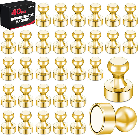 LOVIMAG 40 PCS Fridge Magnets, Gold Metal Push Pin Magnets, Strong Neodymium, Ideal for Adults, Kitchen, Office, School