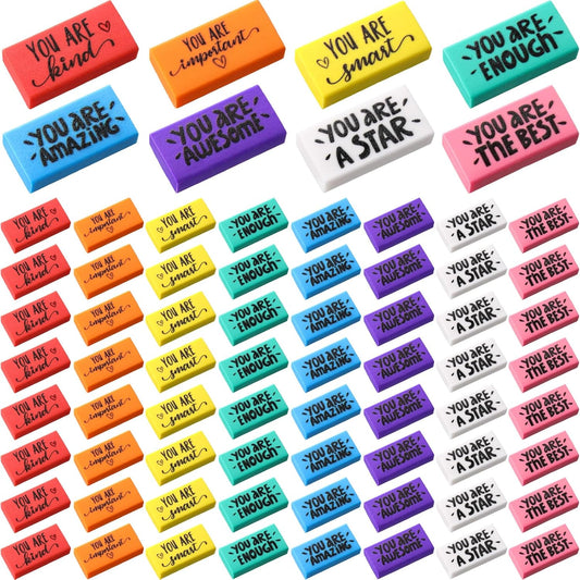 PerKoop 50 Pcs Inspirational Erasers Bulk Back to School Gifts Colorful Motivational Pencil Erasers for Kids First Day of School Favors for Students Teachers Classroom Office Supplies