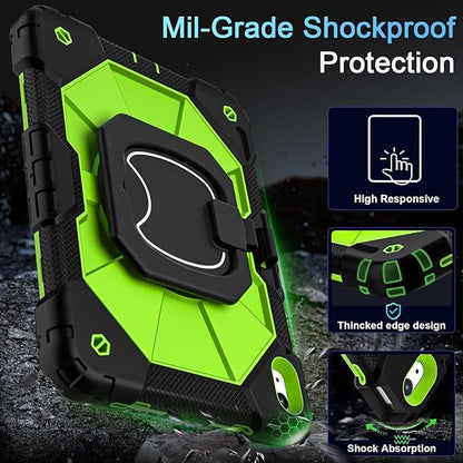 Case for iPad (A16) 11th Generation 11 Inch (2025) /iPad 10th Generation 10.9 Inch (2022) with Rotating Stand Screen Protector,Heavy Duty Shockproof Cover for i Pad 10th Gen Case,Black Green