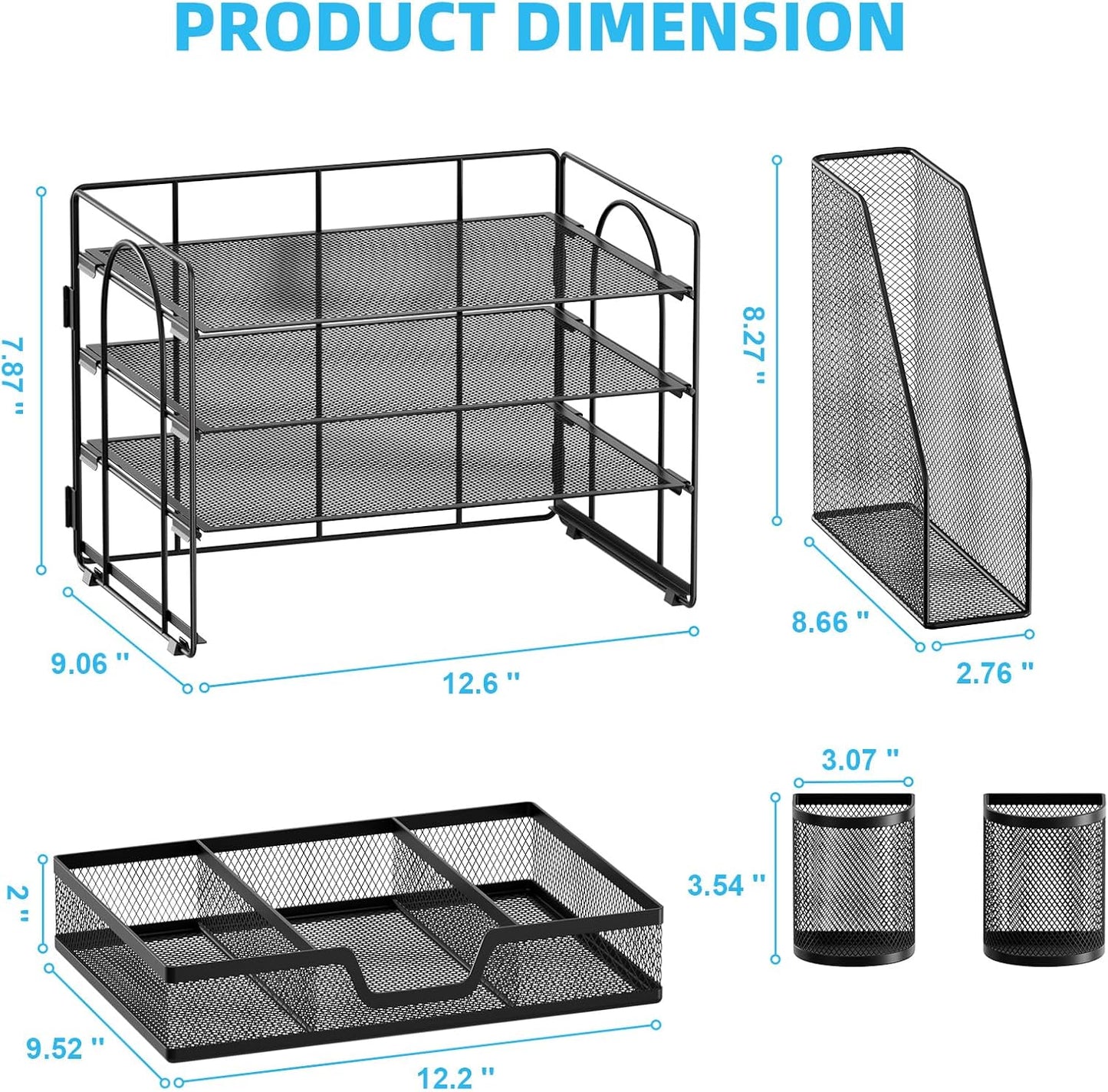 Marbrasse Desk Organizer and Accessories，4-Tier Paper Letter Tray Organizer with File Holder, Desk Accessories & Workspace Organizers with Drawer and 2 Pen Holder (Black, 15.4" x 9.1" x 8.3")