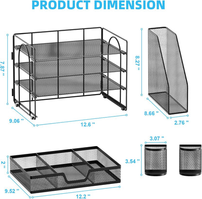 Marbrasse Desk Organizer and Accessories，4-Tier Paper Letter Tray Organizer with File Holder, Desk Accessories & Workspace Organizers with Drawer and 2 Pen Holder (Black, 15.4" x 9.1" x 8.3")