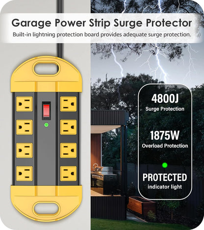 CCCEI Heavy Duty Power Strip Surge Protector, Metal 8 Outlets Power Strip for Appliance. Garage Shop Industrial Workbench 15 AMP Outlets Strip. 10FT Extension Cord. Set