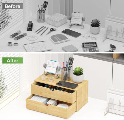 Bamboo Desk Organizer with Drawers - Small Desktop Storage Container for Countertop & Tabletop - No Assembly Required