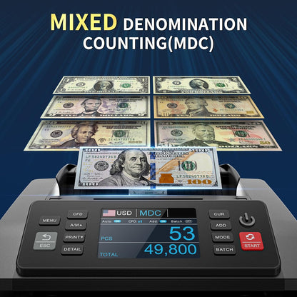 PONNOR N70 Mixed Denomination Money Counter Machine, Value Counting, Cash Counter with Three Displays, UV/MG/IR/MT Counterfeit Detection for Money Counting, Printer Enabled Bill Counter for Business