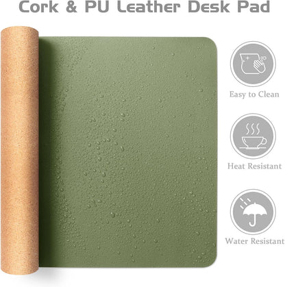 Aothia Dual-Sided Desk Pad - Leather Desk Mat, Natural Cork Desk Pad Protector, Large Mouse Pad for Desk, Waterproof Desk Blotter Pad, Desk Writing Pad for Office Work/Home, Olive Green (37.8"x17")