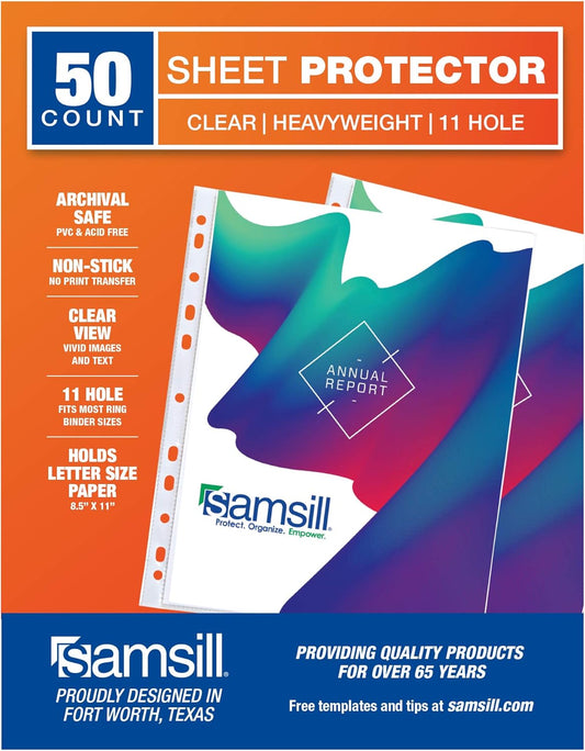 Samsill 50 Pack Standard Weight 11 Hole Clear Sheet Protectors, Acid Free Archival Safe, 8.5 x 11 inches, Top Loading