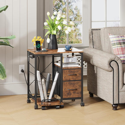 Printer Stand with Power Outlet/Fabric Drawers, Printer Cabinet with Storage Shelf and Rolling Shredder Stand, Printer Table for Home Office, 22.8"×15" Rustic Brown