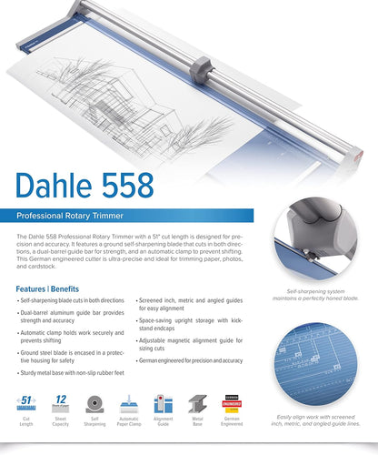 Dahle 558 Professional Rotary Trimmer, 51" Cut Length, 12 Sheet Capacity, Self-Sharpening, Dual Guide Bar, Automatic Clamp, German Engineered Paper Cutter