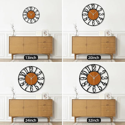 Maxstar Round Wall Clock for Living Room Decor Battery Operated Non Ticking Black Metal Wood Clocks for Home Living Room Garden Office Kitchen Decoration -13 inch