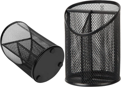 2 Pack Pen Holder Mesh Round Pencil Holder Desktop Organizer 3 Compartments, Black