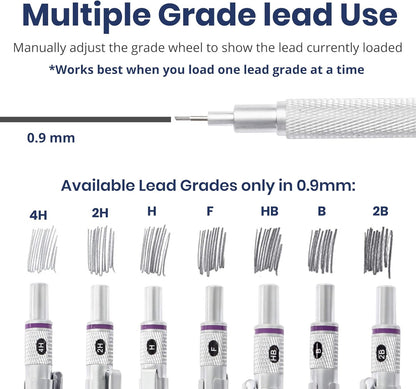 Pacific Arc Chromograph Metal Mechanical Pencil .9 mm Silver Barrel Mechanical Pencil with Built In Lead Pencil Grade Indicator, Lead Pencil Holder for Drafting, Sketching, and Drawing