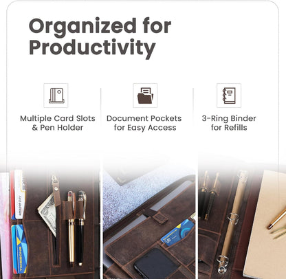 Premium Leather Portfolio Organizer with Zipper - Brown Business Padfolio with Card Slot, Document Holder, Pen Loops | Leather Padfolio with 3 Rings Binder Legal Pad Holder Podfolio for Men & Women