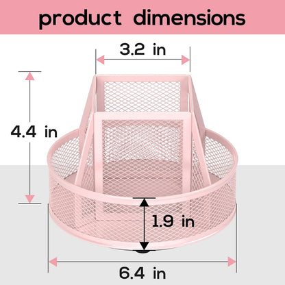 YINGHUA Metal Mesh Desk Organizer with 5 Compartments and Rotating Pencil Holder Pen and Stationery Organizer for Office Home School Anti Slip Base Pink