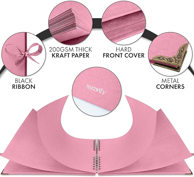 Bstorify Square Scrapbook Photo Albums 50 Pages (11 x 8.5 Inch) Pink Thick Paper, Hardcover, Ribbon Closure - Ideal for Your Scrapbooking Albums, Art & Craft Projects (Pink, 11 x 8.5 Inch)