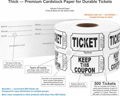 Tacticai 500 Raffle Tickets, White (1 of 8 Colors), Double Roll, Ticket for Events, Entry, Class Reward, Fundraiser & Prizes