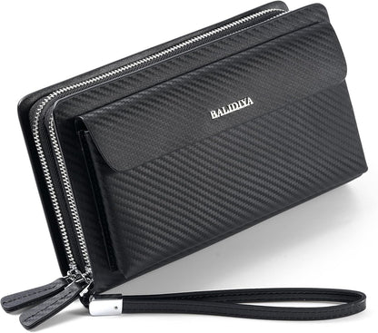 Leather Men Clutch Bag Long Wallet Purse Card Holder Case Business Large Clutch with Double Zip Handbag